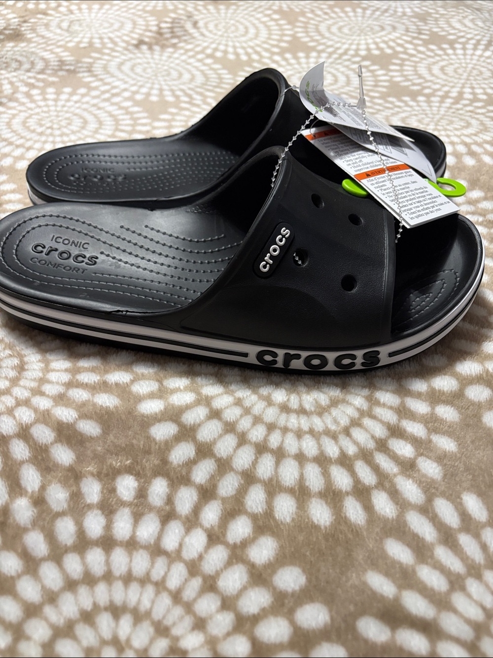 CROCS Black Slide Sandals with White Trim - Picture 2 of 3